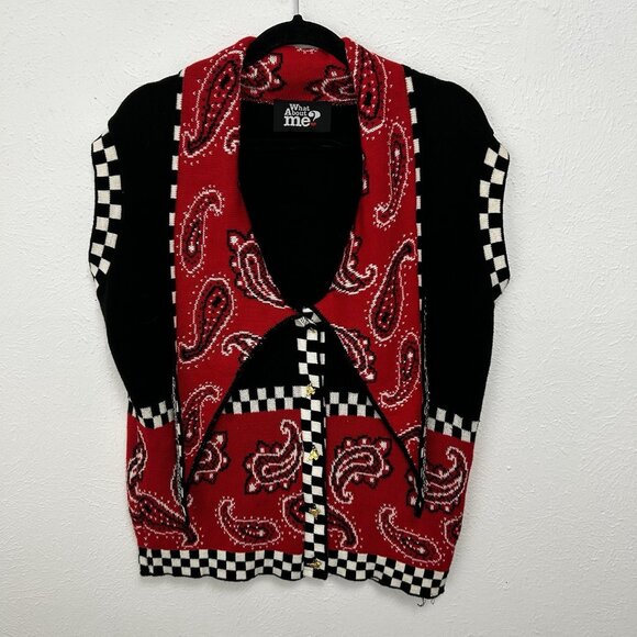 VTG 90s Red Paisley Black White Checkered Vest Artsy, Unique Buttons Quirky 2XL - Picture 7 of 11